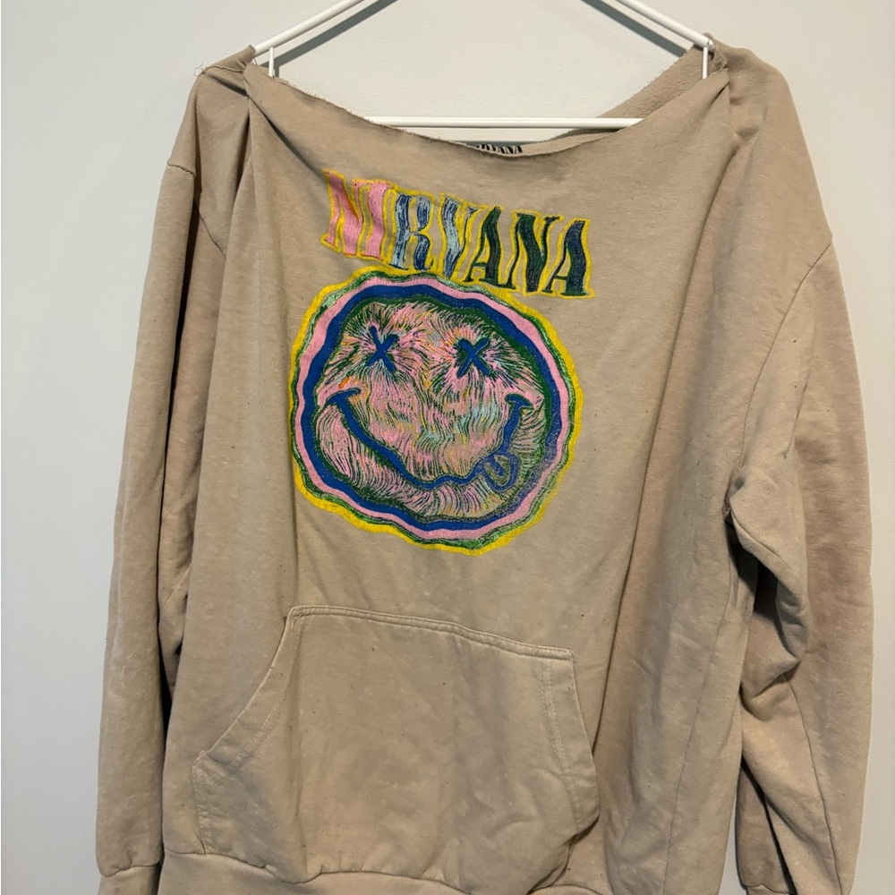 NIRVANA Off-Shoulder Beige Sweater with Graphic